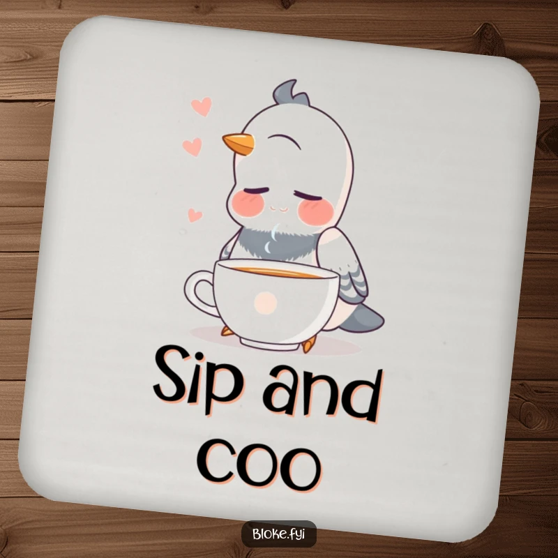 Funny pigeon with closed eyes, looking content while drinking tea, designed on a drink coaster.