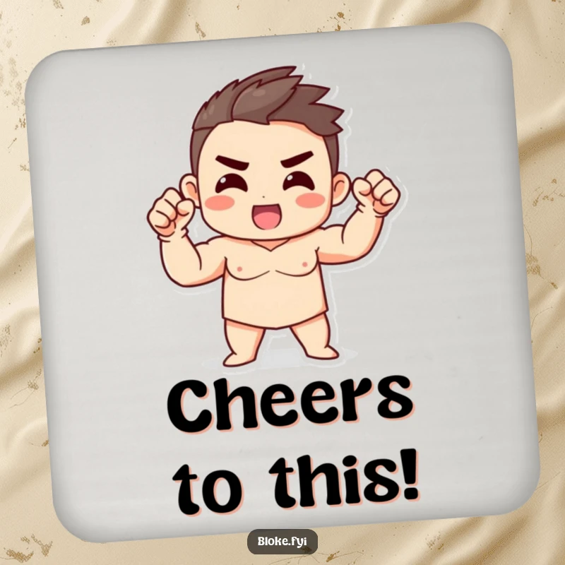Funny Strong Character Coaster featuring a character with a strong build, giving an enthusiastic fist gesture, protecting surfaces.