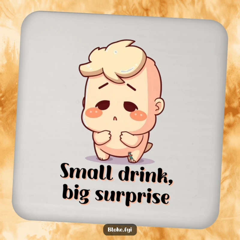 Funny drink coaster with a bloke character looking surprised at a tiny object, protecting surfaces with humor.