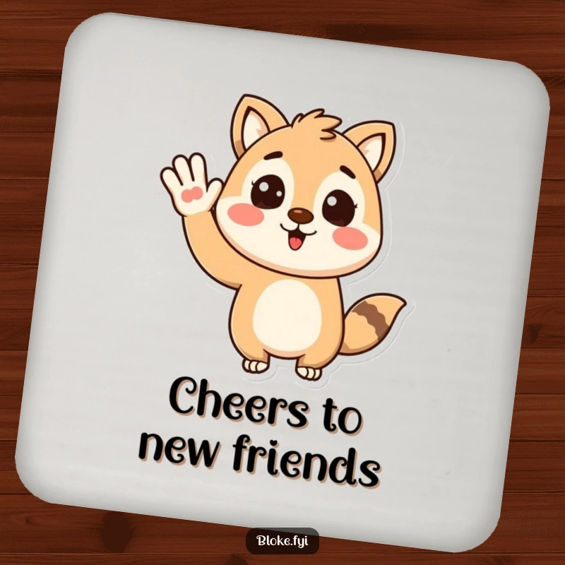 Funny drink coaster featuring a stylized animal character giving an enthusiastic wave, protecting surfaces with cheerful charm.