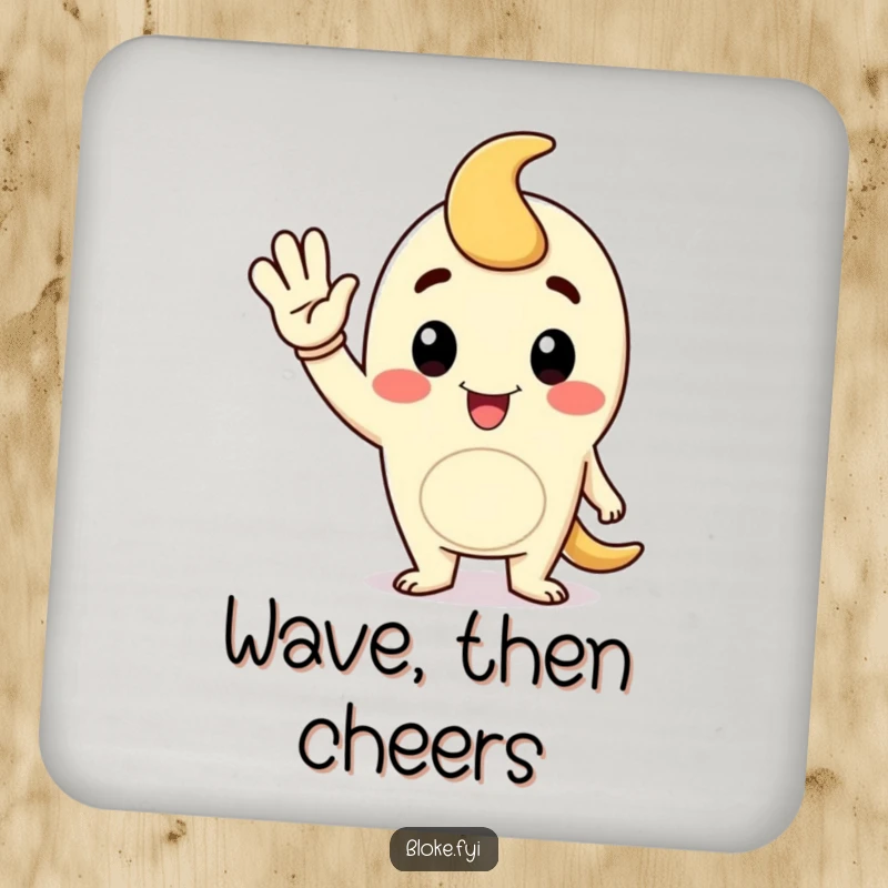 Funny drink coaster featuring a cartoon fellow character giving a jaunty wave, adding friendly flair to any table.