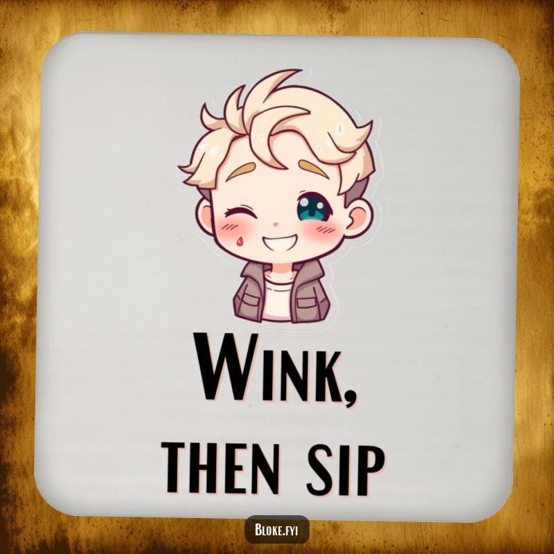 Funny drink coaster featuring a guy character with a charming wink, adding playful flair to any table.