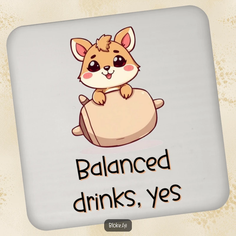 Funny Coaster: A determined animal character humorously balances a large, wobbly item, offering protection and a witty conversation starter.
