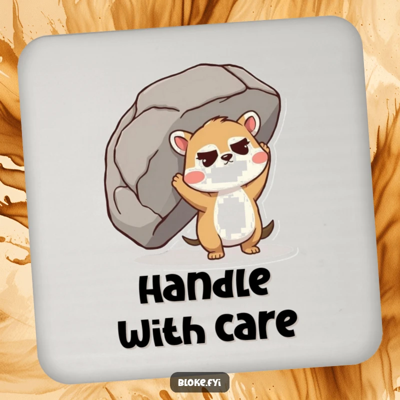 Funny Drink Coasters featuring a cute animal straining to lift a giant boulder, protecting tables with humor.