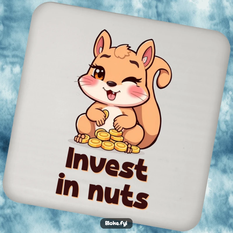 Funny squirrel winking and counting shiny coins, designed on a protective drink coaster.