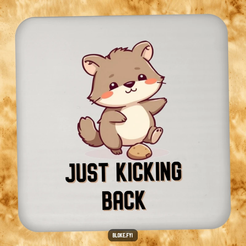 Funny Coaster: Scruffy animal humorously kicking a small pebble, perfect for protecting surfaces with a funny touch.