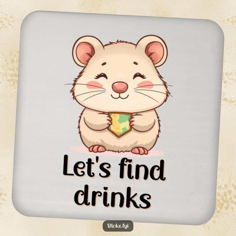 Funny wombat drink coaster featuring a shyly smiling marsupial wearing a tiny map, protecting surfaces humorously.