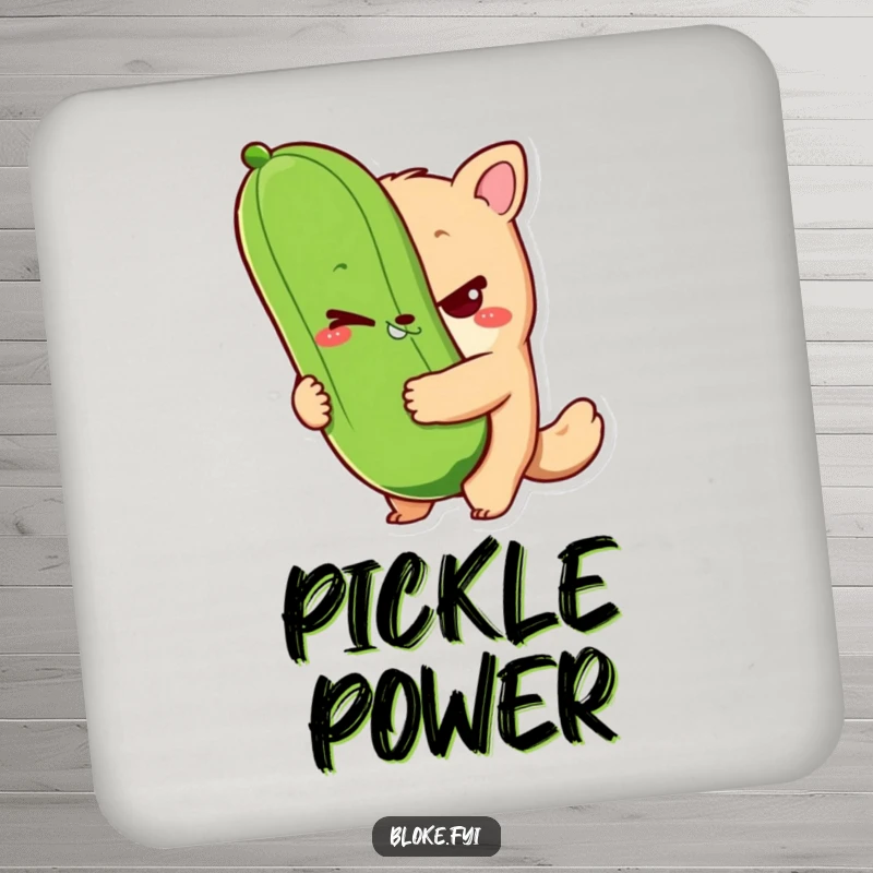 Funny bloke animal character drink coasters with a sly wink and holding a giant pickle, protecting surfaces with quirky humor.