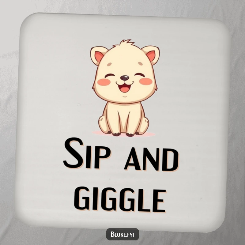 Funny drink coaster featuring a friendly, slightly rough animal drawing mid-laugh, perfect for adding a touch of charming humor to any surface.