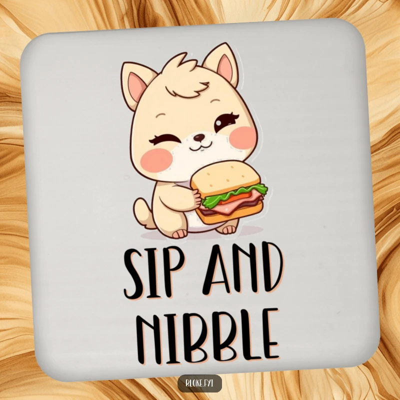 Funny drink coaster featuring a winking bloke animal character holding a tiny, elaborate sandwich, perfect for protecting surfaces humorously.