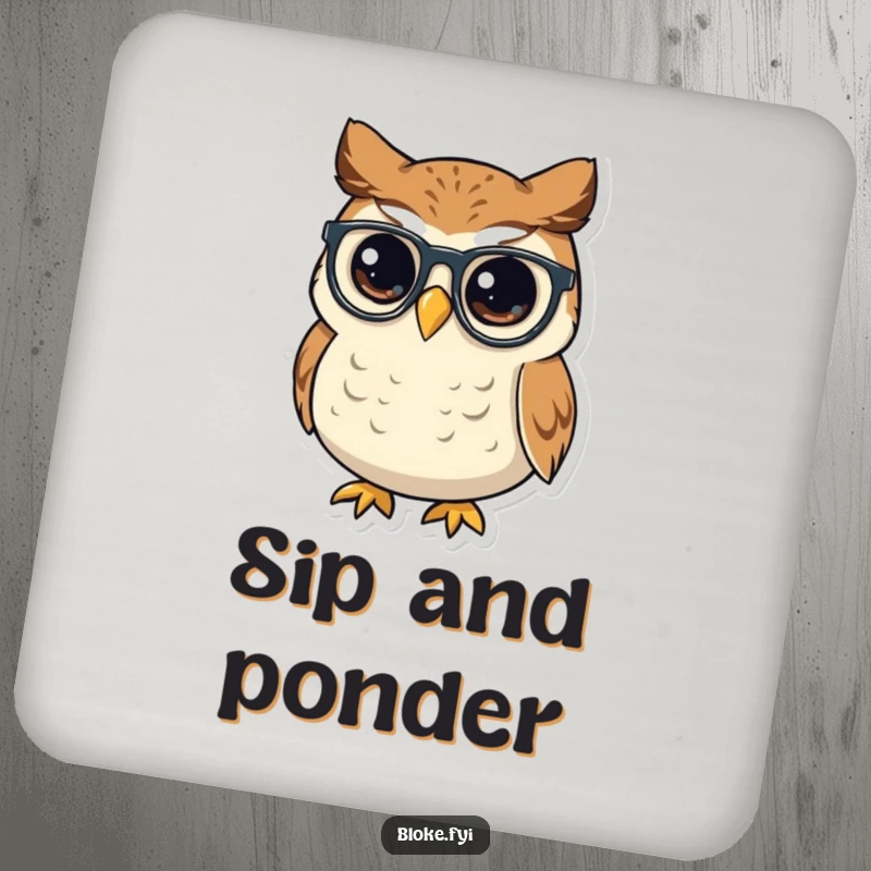 Funny small, round owl with a wise look tipping its spectacles, featured on durable and decorative drink coasters.
