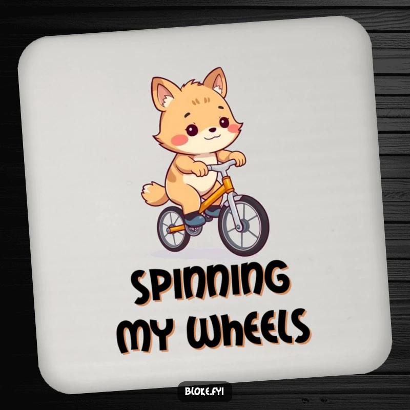 Funny drink coaster featuring a clumsy bloke animal character humorously trying to balance on a tiny wobbly unicycle.