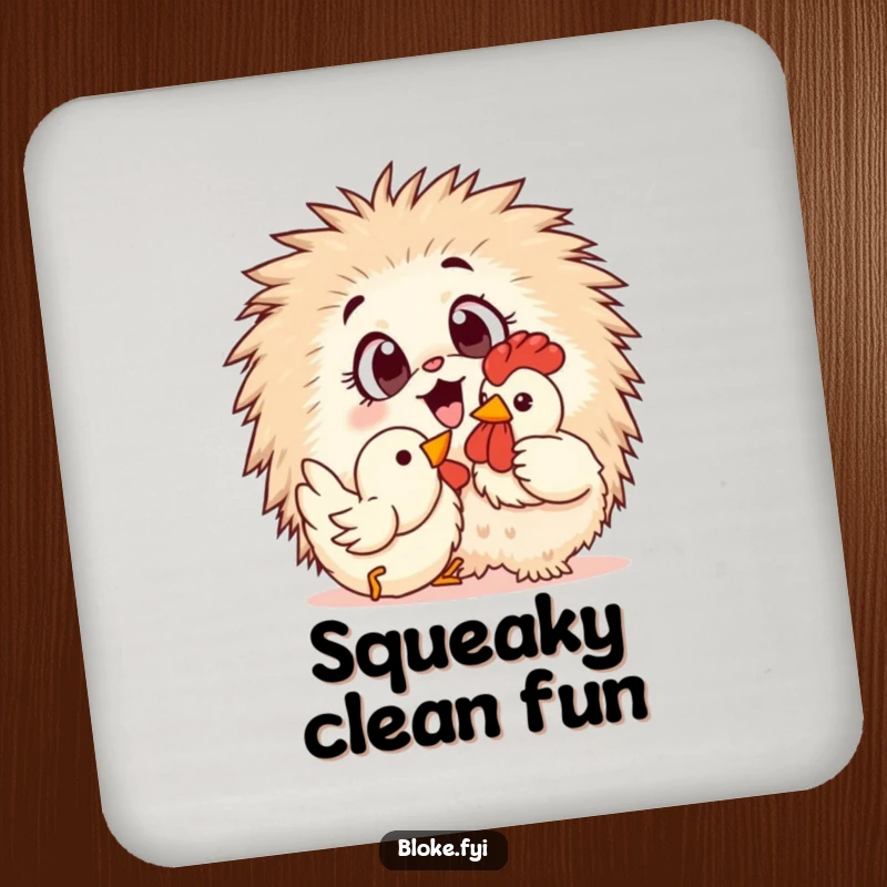 Funny Drink Coasters: A fluffy creature excitedly plays with a rubber chicken, offering a humorous and stylish surface protector.