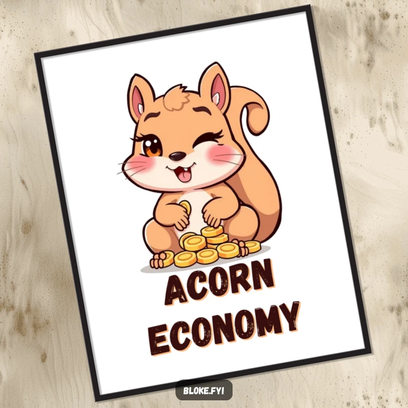 Funny squirrel winking with a sly look, surrounded by shiny coins, presented as a vibrant poster print.