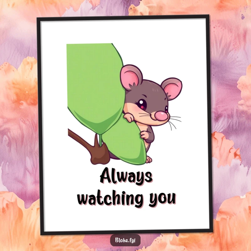 Funny platypus poster showing a curious creature peeking from behind a eucalyptus leaf, adding humorous wall art.