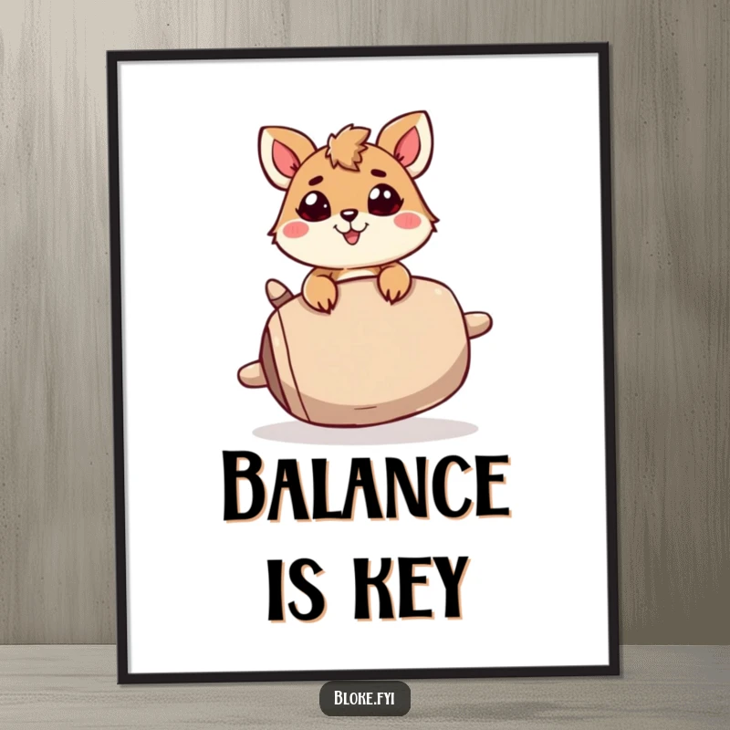 Funny Poster: A tenacious animal character with unwavering focus balances a comically large, unstable item, bringing humor to effort.