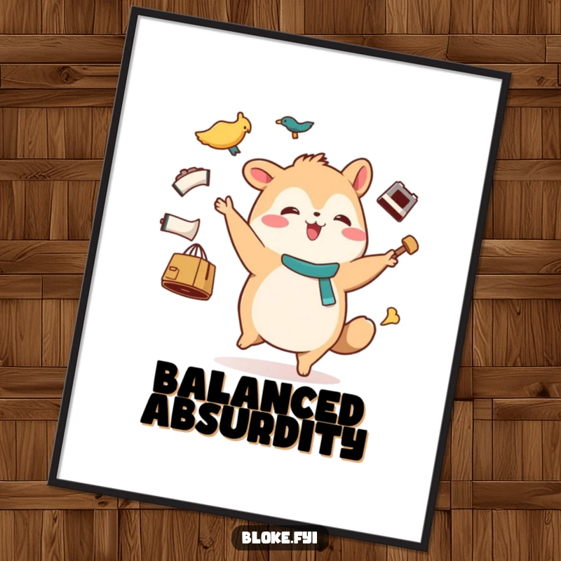 Funny poster art of a stout animal character with a happy waddle, comically juggling mismatched items, bringing cheerful humor to walls.