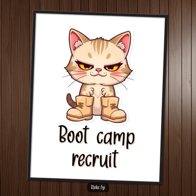 Funny cat with a silly expression wearing giant boots, presented as a vibrant poster.