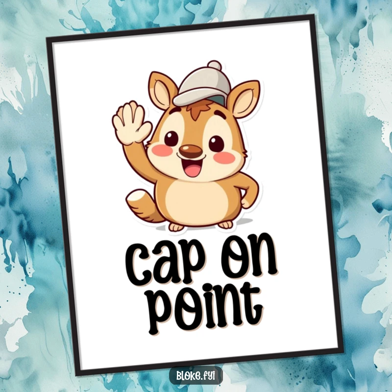 Funny Bloke Animal Poster: Joyful artwork of a character giving a smart, jaunty salute with a cap, conveying happiness and respect.