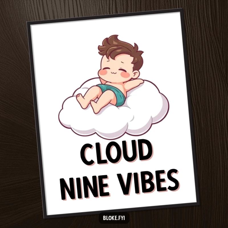Funny poster featuring a relaxed bloke character lounging playfully on a stylized cloud, adding a serene touch.