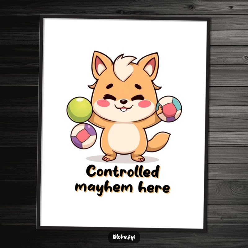 Funny poster showcasing a bloke animal character with a mischievous grin, skillfully juggling three colorful balls, perfect for display.