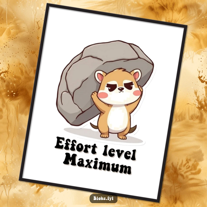 Funny Poster print of a cute animal with a furrowed brow, intensely straining to lift a huge boulder.
