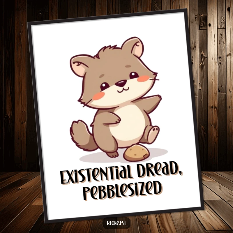 Funny Poster: Scruffy animal humorously kicking a small pebble, a relatable and funny piece of wall art.