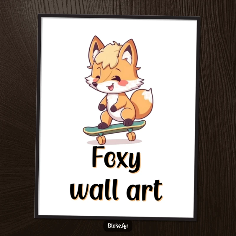 Funny Poster illustrating a smiling fox with tousled fur attempting to skateboard, perfect for adding cool decor.