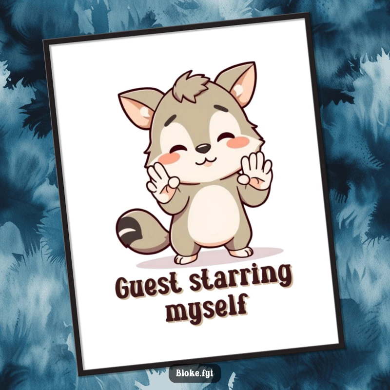 Funny poster print of a bloke animal character hilariously attempting an awkward high-five with an invisible entity, perfect for witty decor.