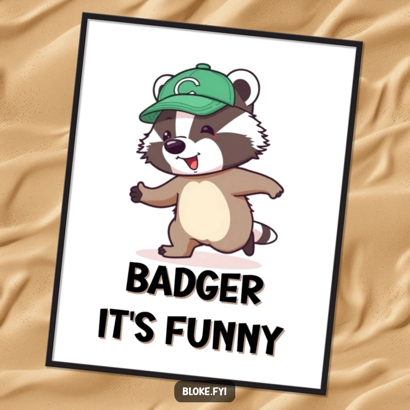 Funny Poster illustrating a jolly badger in a cap hilariously and awkwardly attempting to skip, adding humor to decor.