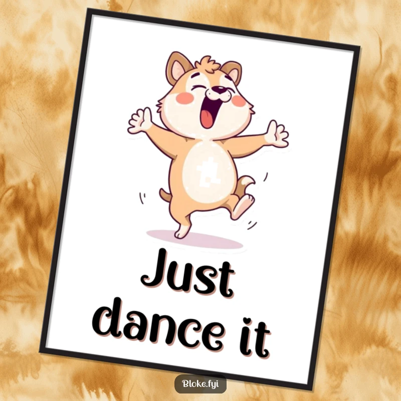 Funny Bloke Animal Poster: Artistic print of a character in a hilariously energetic dance pose, feet kicking wildly for maximum amusement.