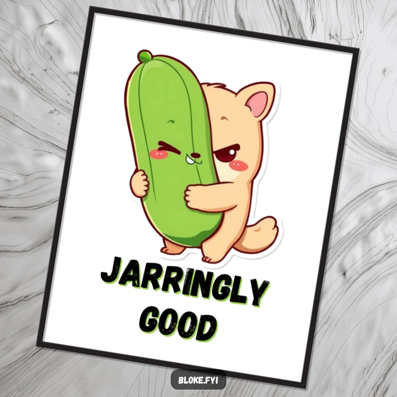 Funny bloke animal character poster print with a sly wink and holding a giant pickle, perfect for adding humorous and quirky wall art.