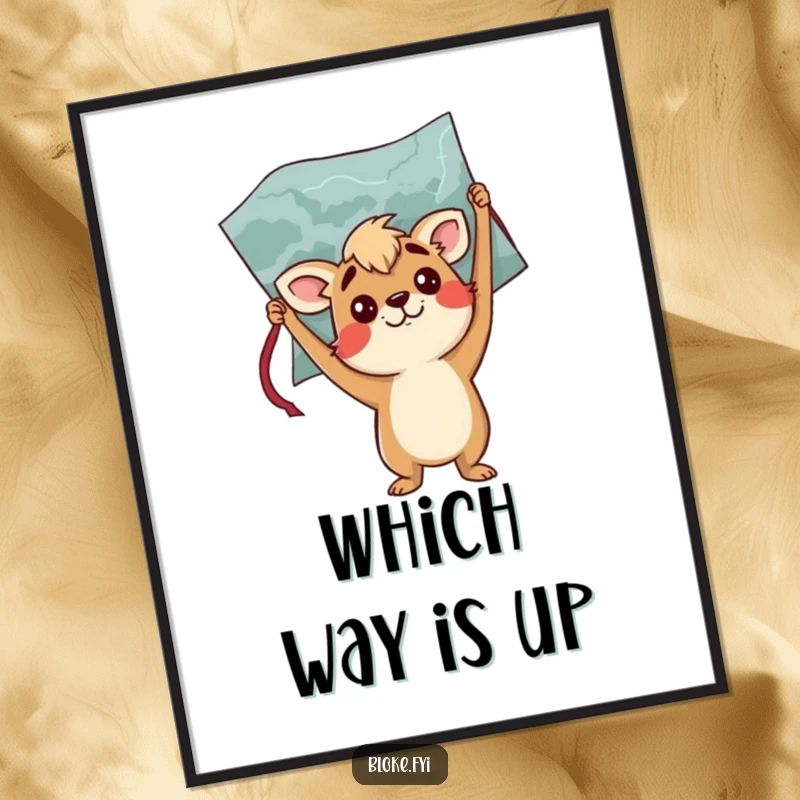 Funny poster of a bewildered bloke animal character holding a map upside down, symbolizing humorous navigation challenges.