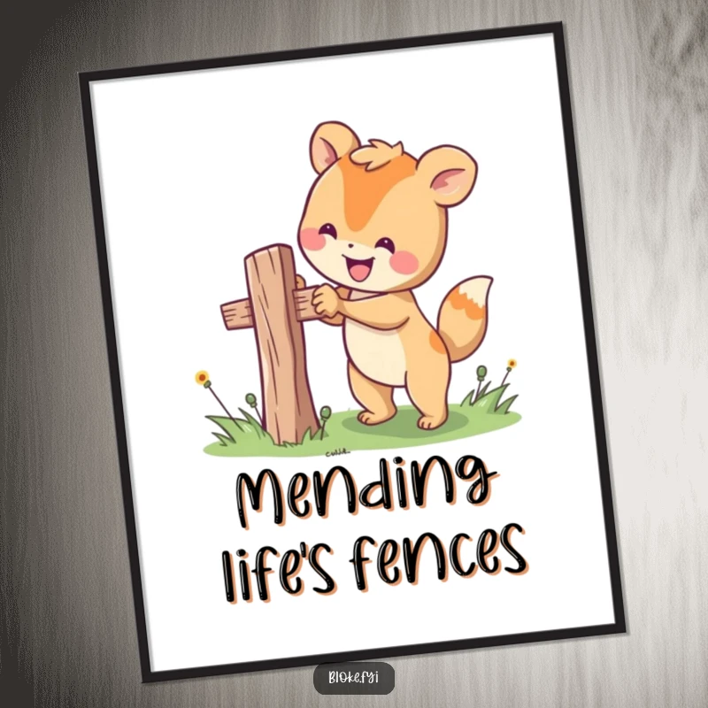Funny poster depicting a happy animal character diligently working to secure a wobbly fence post, embodying DIY determination.