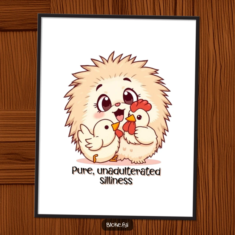 Funny Poster: A wide-eyed, fluffy creature is excitedly engaged in playtime with a rubber chicken, full of humor.