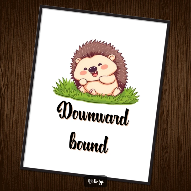 Funny hedgehog with a happy expression, curled into a ball and rolling, as a poster.