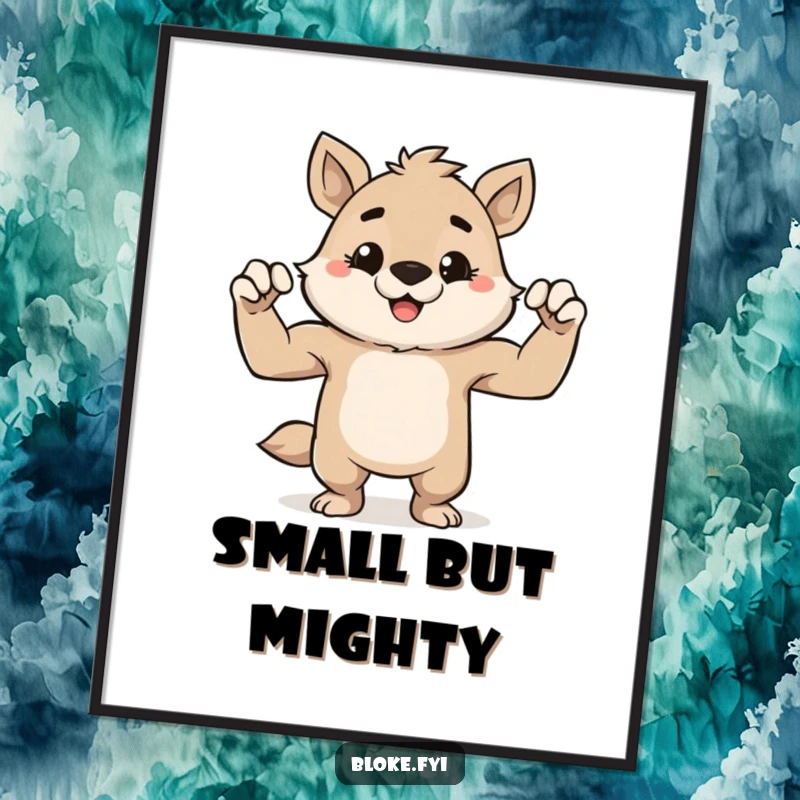 Funny poster of a cute, stout animal character with a mischievous grin playfully flexing its surprisingly tiny muscles.