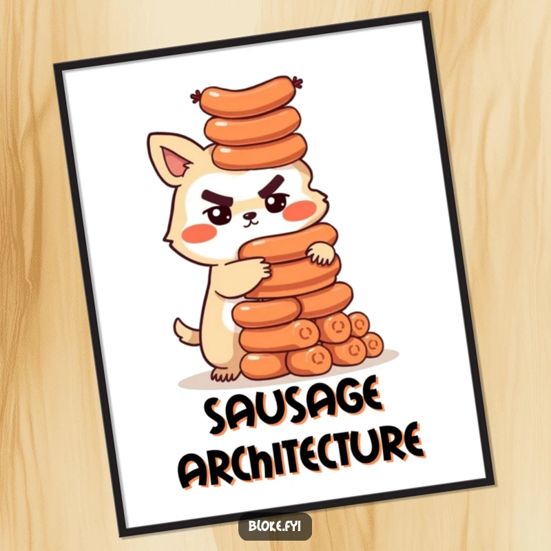 Funny poster of a determined bloke animal character building a tall tower of sausages, perfect for humorous kitchen decor.