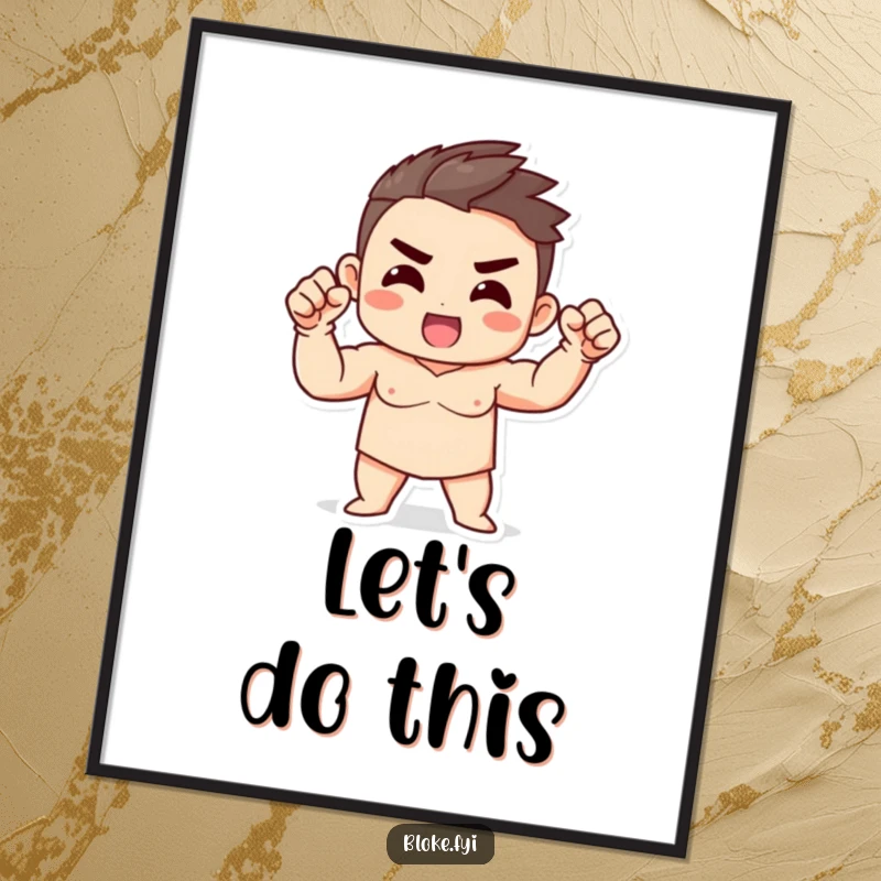 Funny Strong Character Poster featuring a character with a strong build, enthusiastically gesturing with a fist, inspiring motivation.