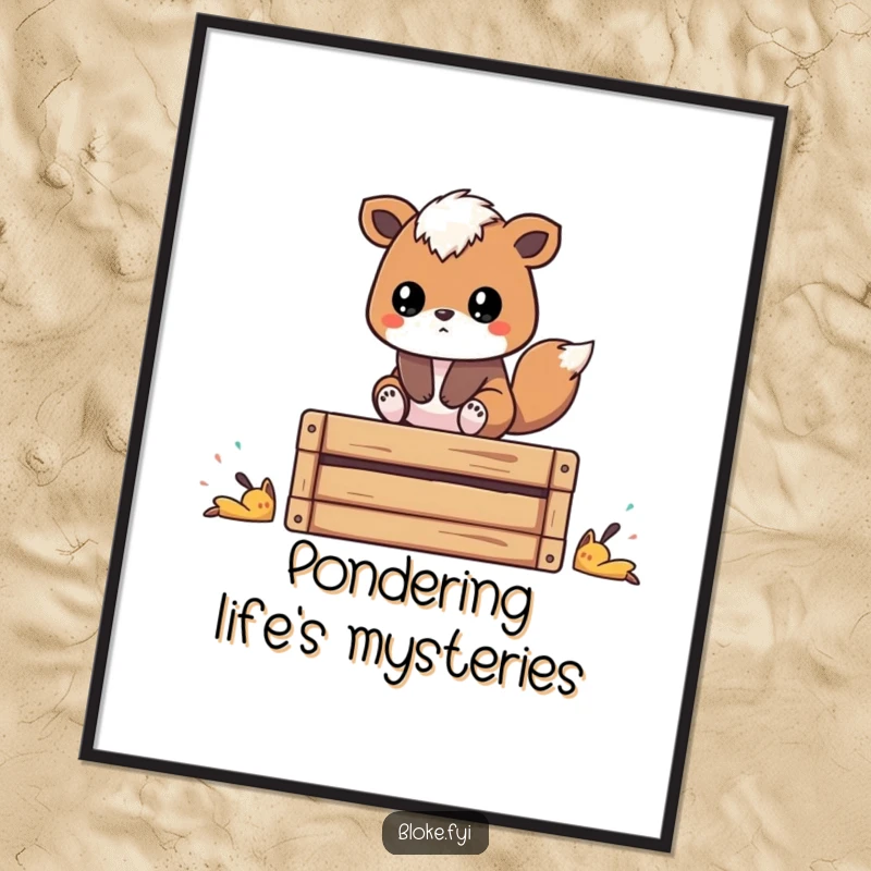 Funny poster art of a stylized animal sitting on a wooden crate, looking thoughtful, adding a humorous touch to any room.