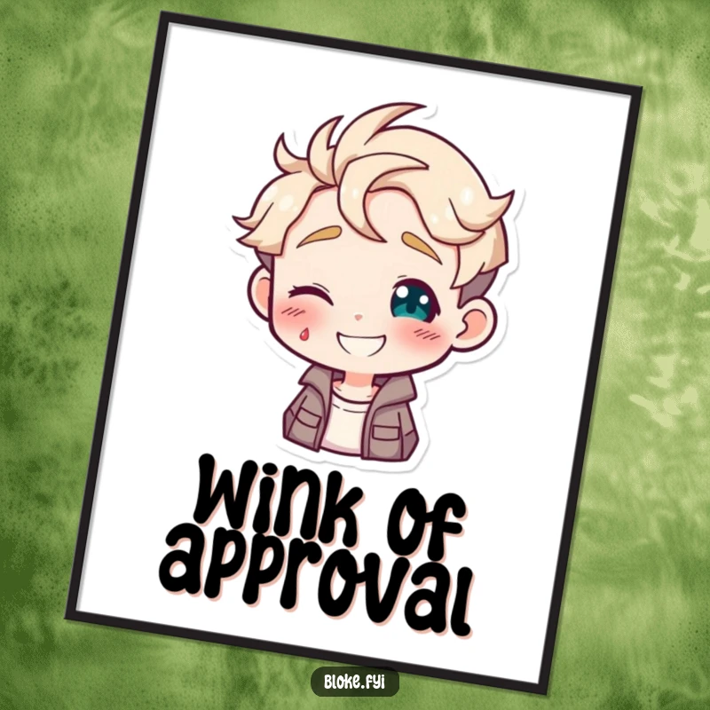 Funny poster featuring a guy character giving a delightful, playful wink, adding a touch of charm and humor.