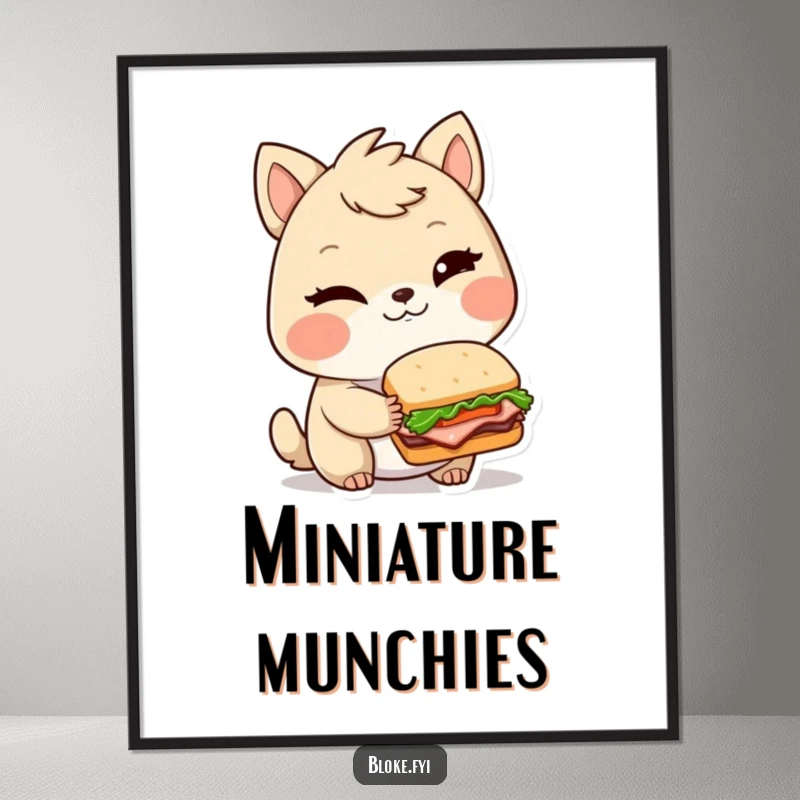Funny poster of a winking bloke animal character holding a very small, elaborate sandwich, perfect for humorous kitchen decor.
