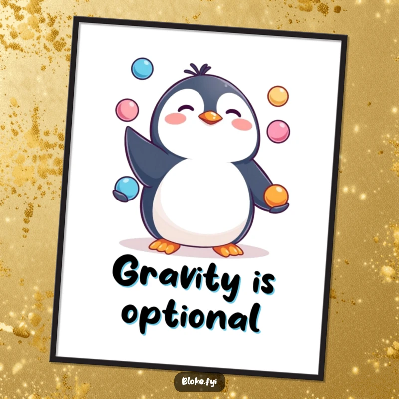 Funny Poster illustrating a happy, pudgy penguin character skillfully juggling three small, round objects, adding cheer to decor.