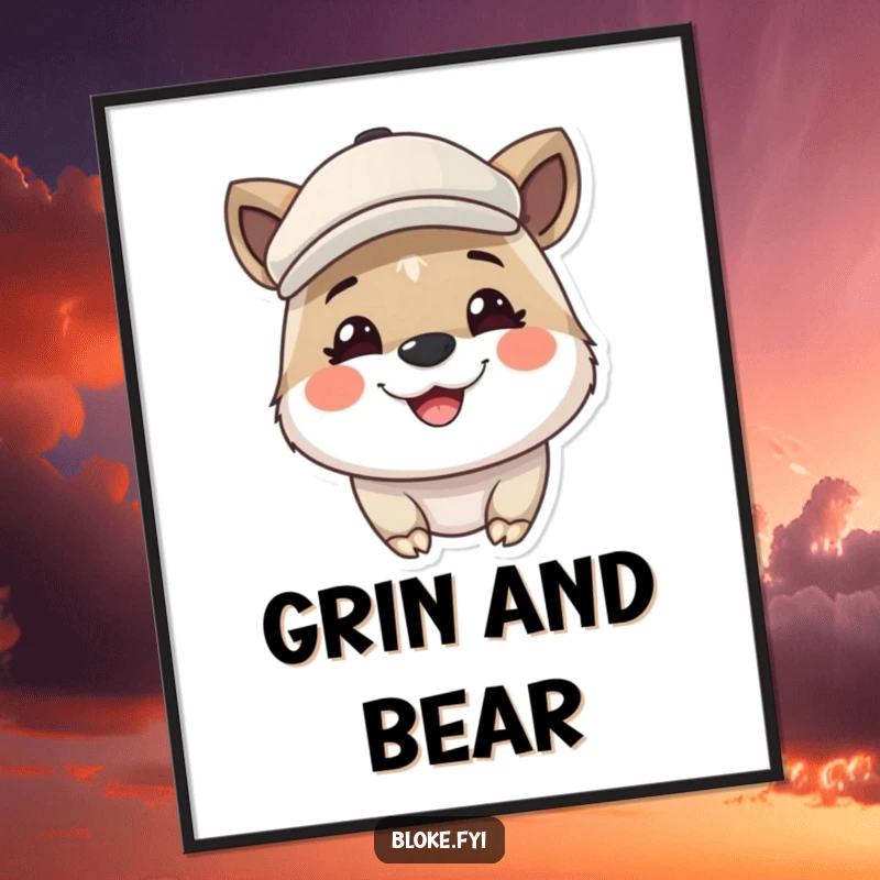 Funny poster featuring an adorable animal wearing a flat cap and showing a wide, happy grin, adding cheerful decor.