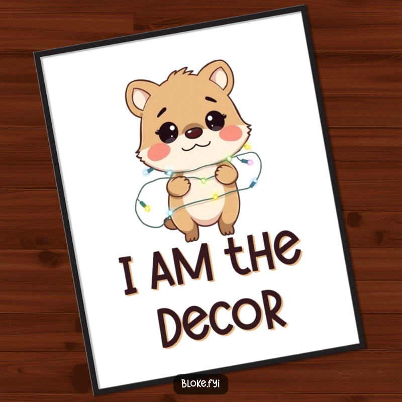 Funny poster print of a bewildered bloke animal character hilariously caught in a web of glowing fairy lights, perfect for quirky decor.