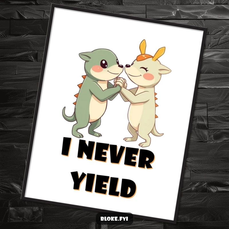 Funny Arm Wrestle Creature Poster depicting a character with short, sturdy limbs in a friendly arm wrestling match, adding fun.