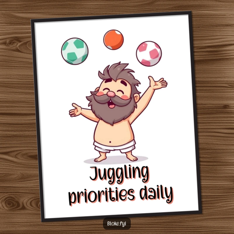 Funny poster print of a hairy bloke character demonstrating a comical juggling act with three invisible balls, perfect for humor lovers.