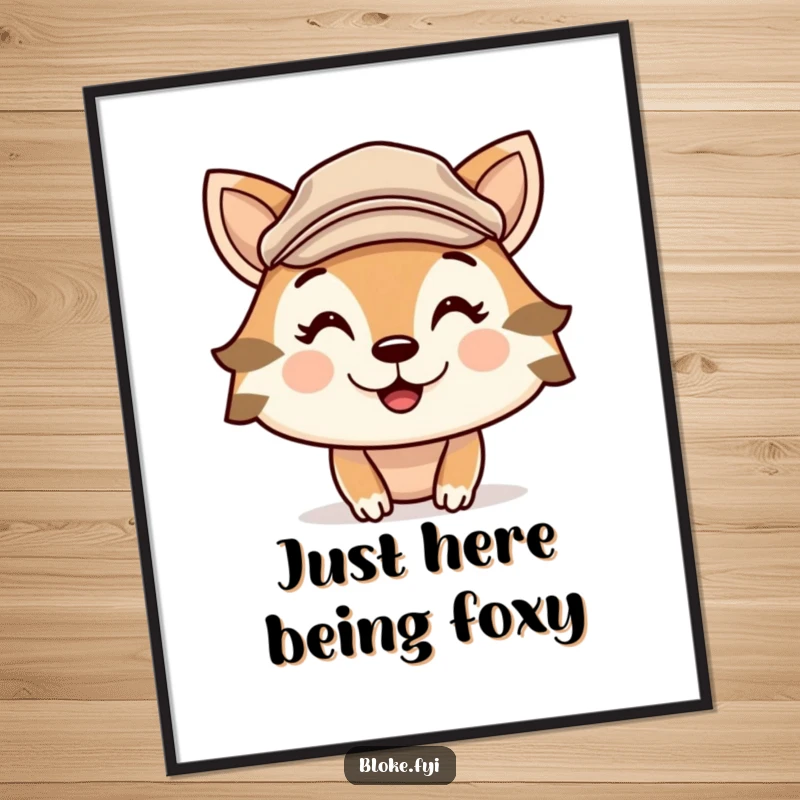 Funny poster of a cute animal character in a flat cap, featuring a wide, cheeky grin and an air of playful mischief.