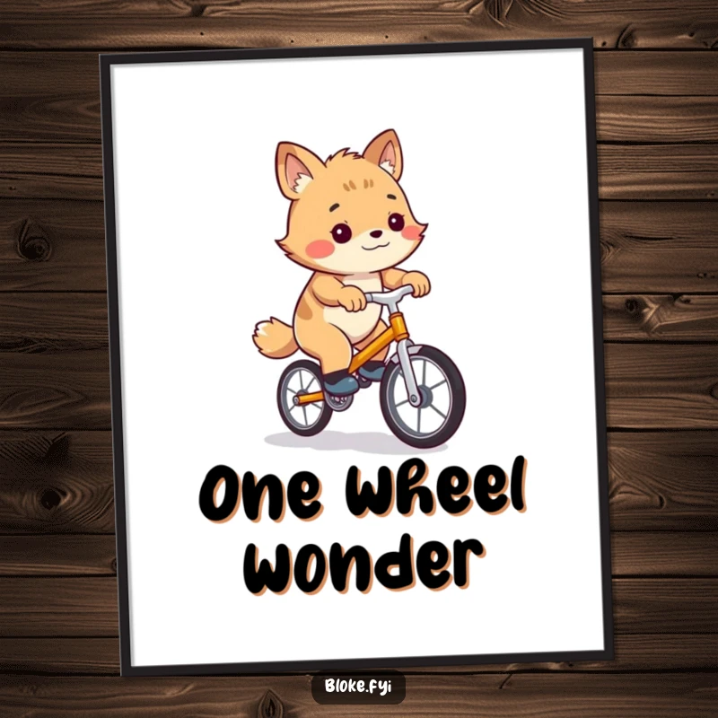 Funny poster depicting a bewildered bloke animal character attempting to ride a tiny, unstable unicycle, perfect wall art.