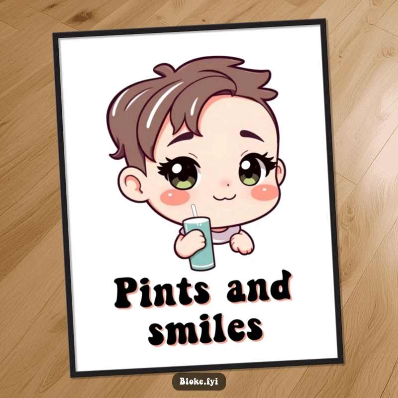 Funny poster print of a character with an amiable, unpretentious face offering a pint, evoking feelings of friendship and shared enjoyment.